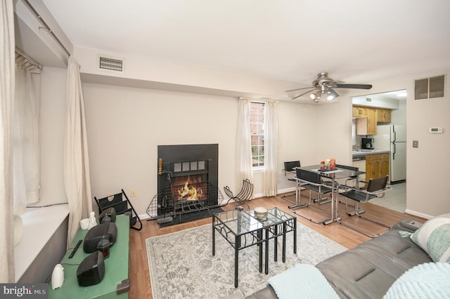 living room with light hardwood / wood-style flooring and ceiling fan