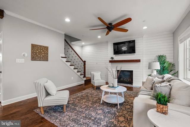 living room with ceiling fan, a fireplace, dark hardwood / wood-style floors, and crown molding