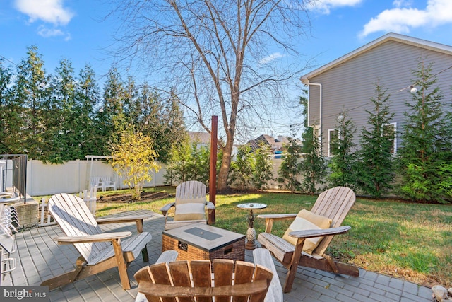 view of patio / terrace featuring an outdoor fire pit