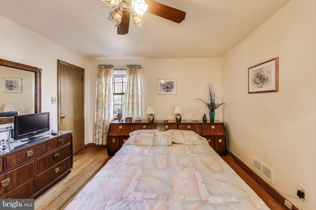 bedroom featuring ceiling fan and light wood-type flooring