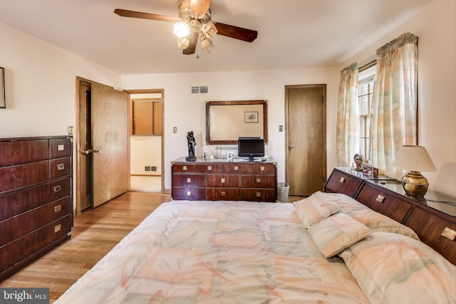 bedroom with ceiling fan and light wood-type flooring