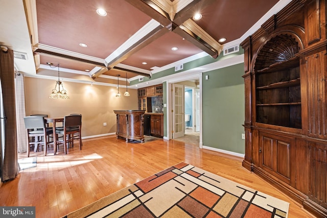 living room featuring light wood-style floors, visible vents, beam ceiling, and coffered ceiling