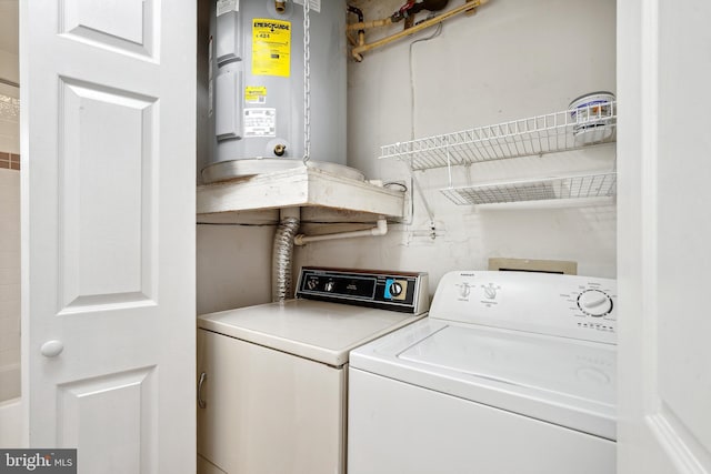 washroom featuring electric water heater and washing machine and clothes dryer