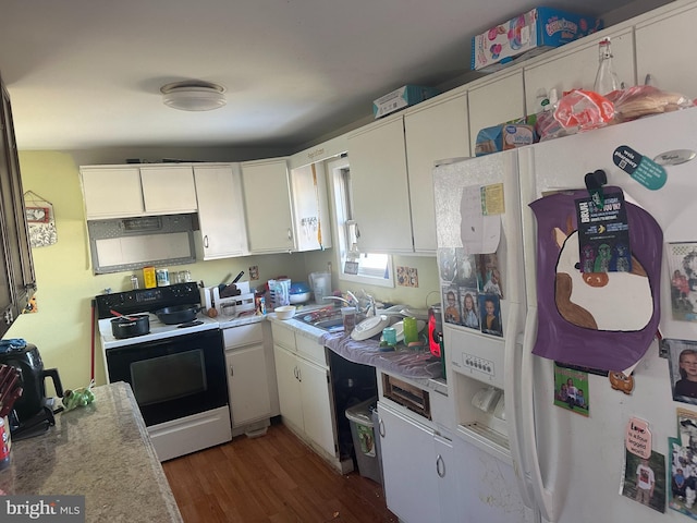 kitchen featuring sink, black electric range, dark hardwood / wood-style flooring, white refrigerator with ice dispenser, and white cabinets