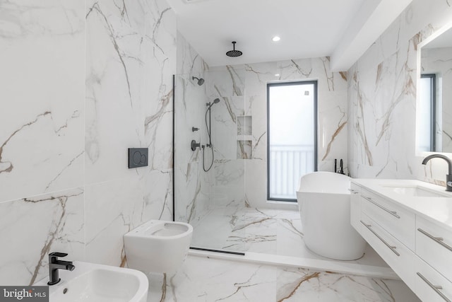 bathroom featuring a bidet, separate shower and tub, and vanity