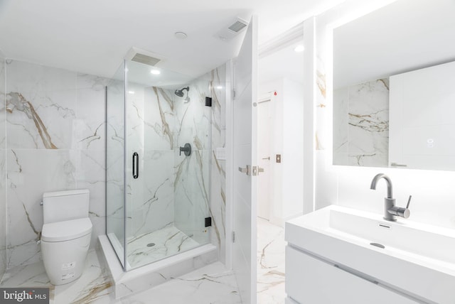 bathroom featuring walk in shower, vanity, and toilet