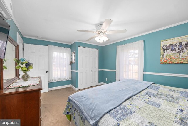 bedroom with crown molding, multiple windows, a closet, and carpet