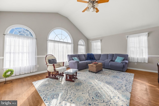 living room featuring lofted ceiling, wood-type flooring, and plenty of natural light