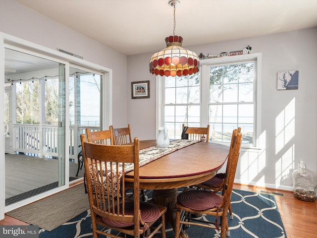 dining space with wood-type flooring and plenty of natural light