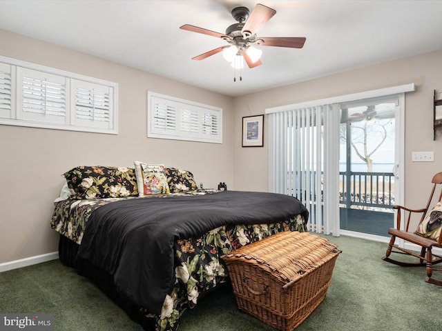 carpeted bedroom featuring access to outside and ceiling fan