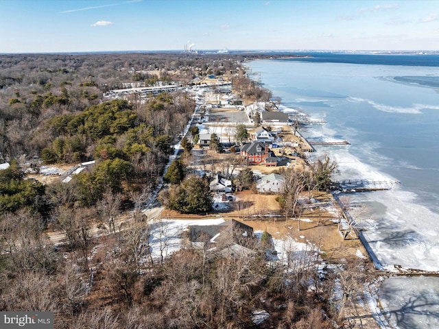 drone / aerial view featuring a water view