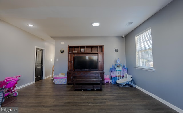 rec room with dark hardwood / wood-style flooring