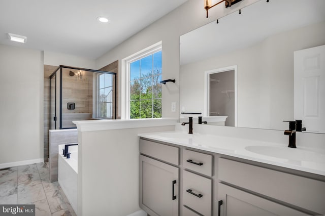 111 Jennifer Cir, Harrisburg, PA 17112 - bathroom with a stall shower, marble finish flooring, a tub, double vanity, and recessed lighting