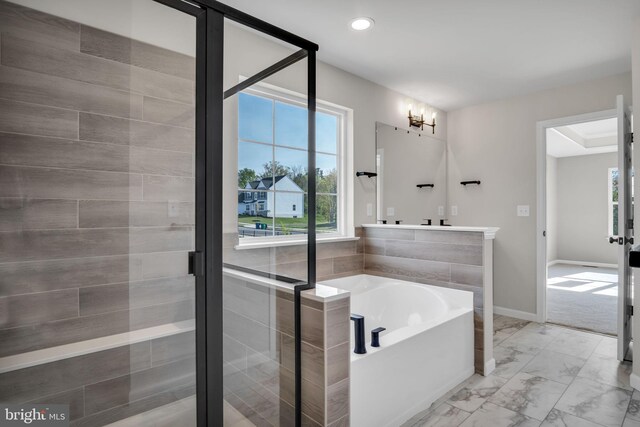 111 Jennifer Cir, Harrisburg, PA 17112 - bathroom with a bath, marble finish flooring, a shower stall, recessed lighting, and baseboards