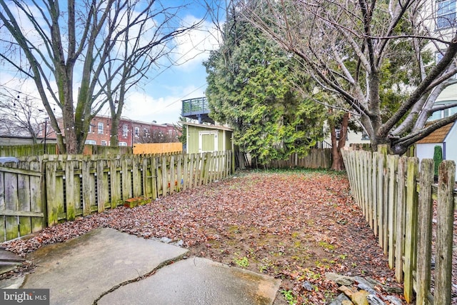 view of yard with a shed and a patio area