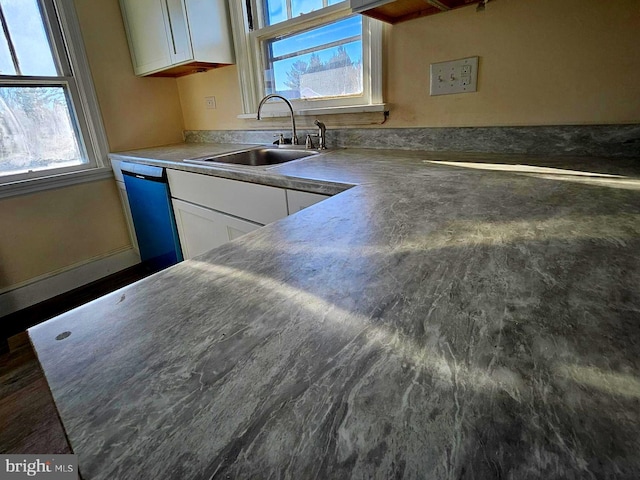 kitchen with dishwashing machine, sink, and white cabinetry