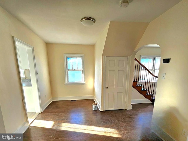 interior space featuring plenty of natural light and dark hardwood / wood-style flooring