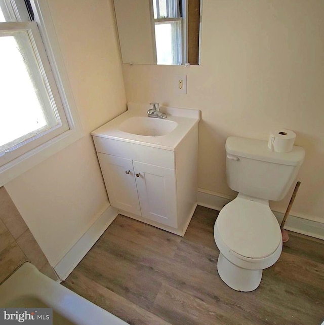 bathroom featuring vanity, hardwood / wood-style flooring, and toilet