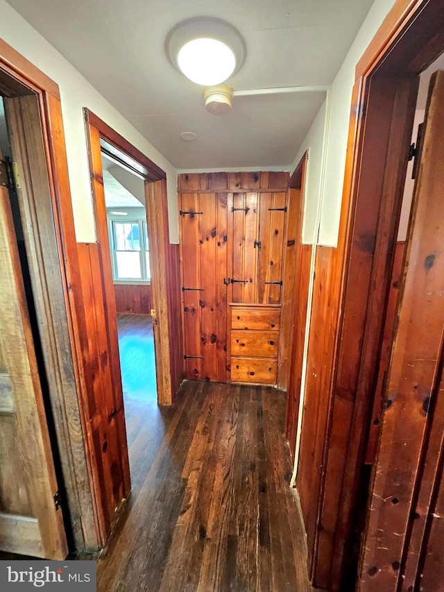 hall featuring dark wood-type flooring and wood walls