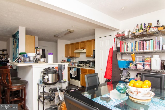 kitchen with a breakfast bar area, range with electric cooktop, and a textured ceiling