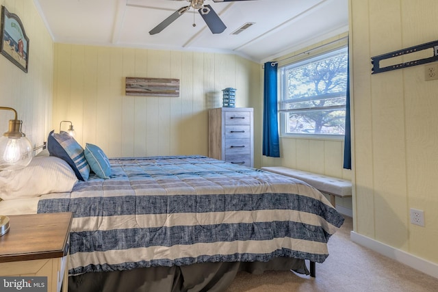 carpeted bedroom featuring ceiling fan and lofted ceiling