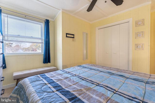 carpeted bedroom with crown molding, ceiling fan, and a closet