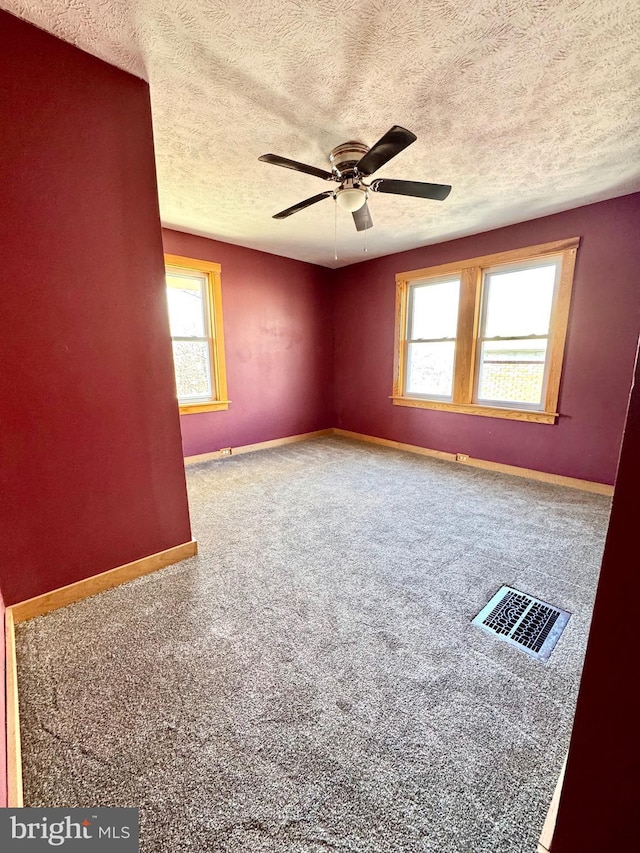 carpeted empty room featuring ceiling fan, a textured ceiling, and a wealth of natural light