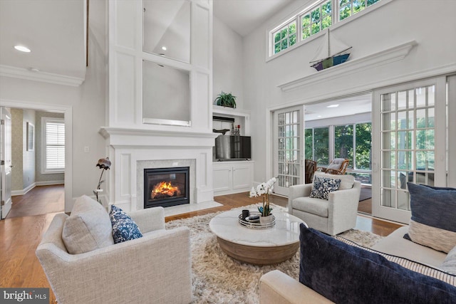 living room with hardwood / wood-style flooring, a towering ceiling, and ornamental molding