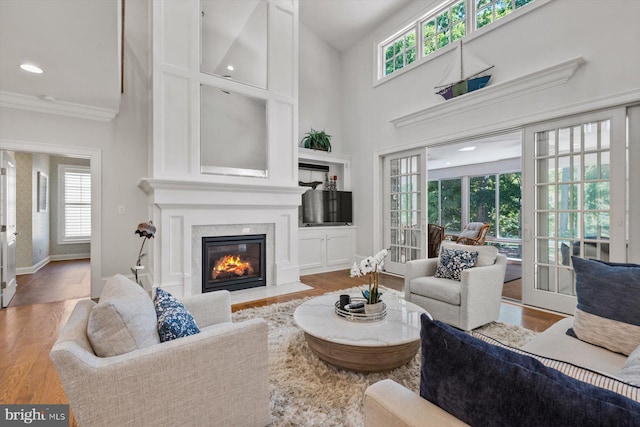 living room featuring ornamental molding, hardwood / wood-style floors, and a high ceiling