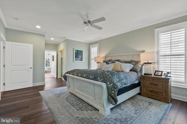 bedroom with ornamental molding, dark hardwood / wood-style floors, and ceiling fan