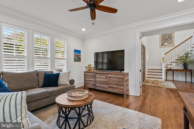 living room with ornamental molding, ceiling fan, and dark hardwood / wood-style flooring