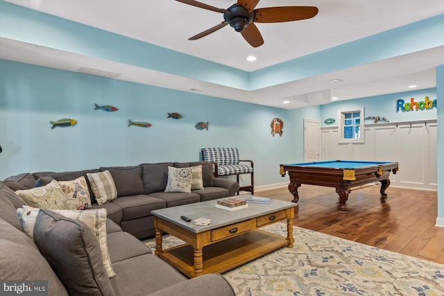 game room with ceiling fan, hardwood / wood-style floors, and pool table