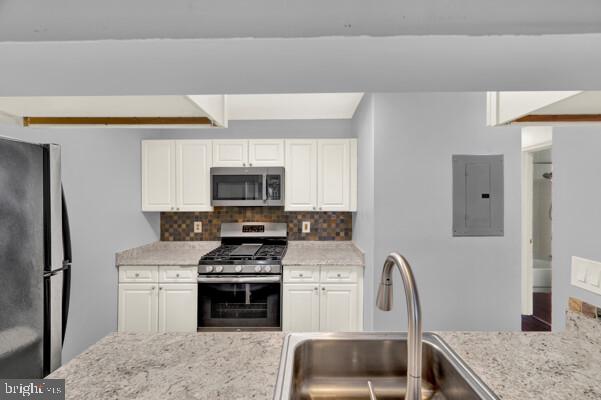 kitchen featuring stainless steel appliances, a sink, white cabinets, electric panel, and tasteful backsplash