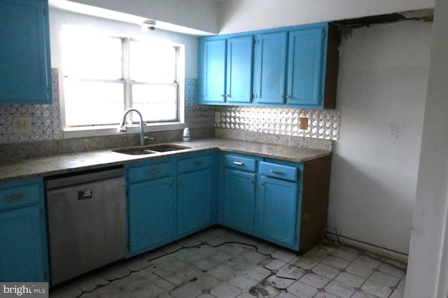 kitchen with blue cabinetry, stainless steel dishwasher, and sink