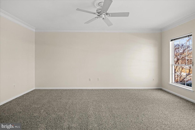 carpeted spare room featuring crown molding, plenty of natural light, and ceiling fan