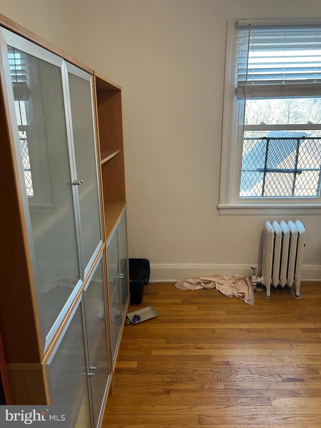 interior space with radiator and light hardwood / wood-style flooring