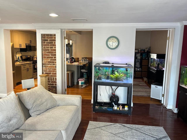 living room featuring dark wood-type flooring and ornamental molding