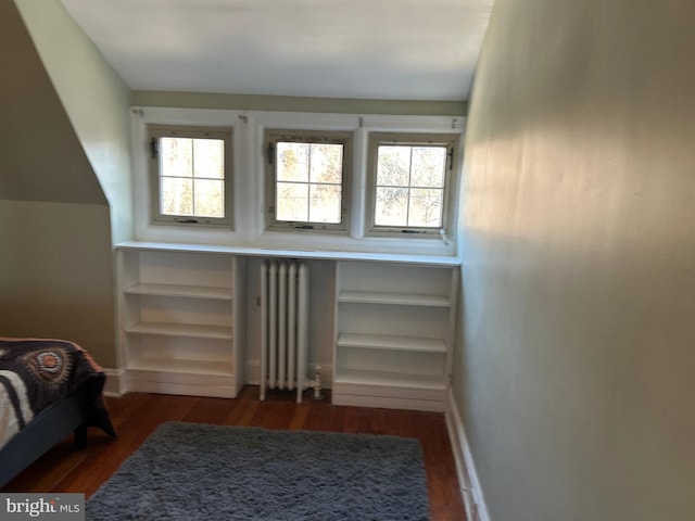 bedroom featuring radiator heating unit and dark hardwood / wood-style floors