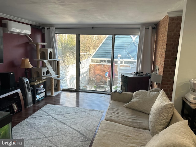 living room with dark wood-type flooring and a wall unit AC