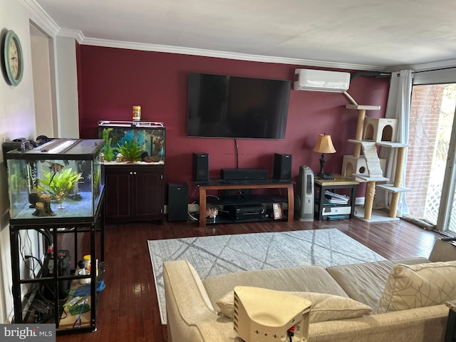 living room with dark wood-type flooring, ornamental molding, an AC wall unit, and a healthy amount of sunlight