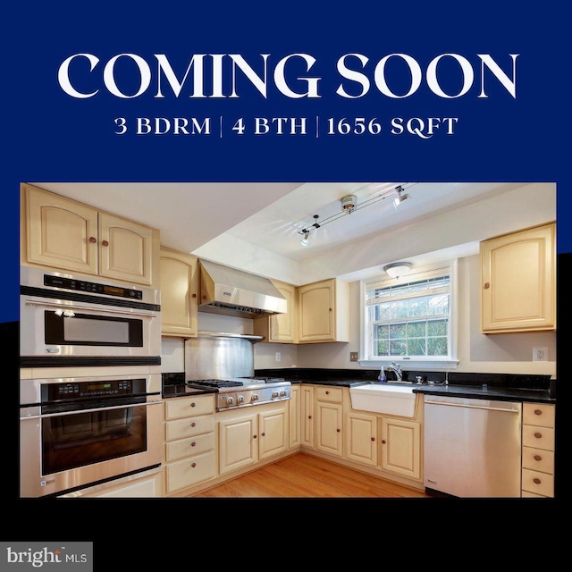 kitchen with wall chimney exhaust hood, appliances with stainless steel finishes, sink, and light brown cabinets