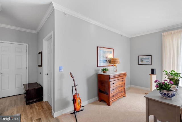 hall with crown molding and light hardwood / wood-style flooring