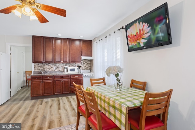 dining space featuring ceiling fan and light wood-type flooring