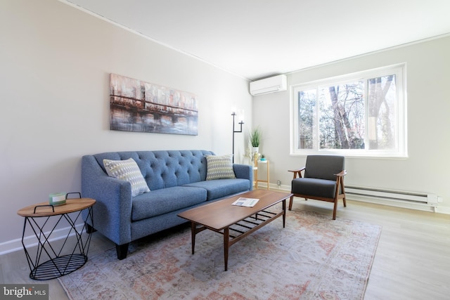 living room with baseboard heating, a wall mounted air conditioner, and light hardwood / wood-style floors