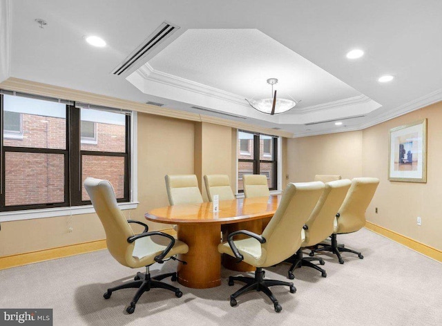 carpeted office space with ornamental molding and a raised ceiling