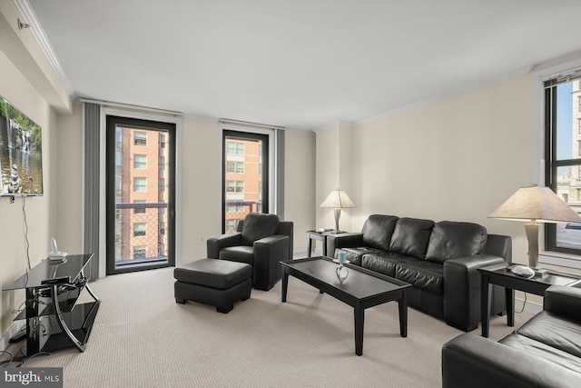 carpeted living room featuring ornamental molding