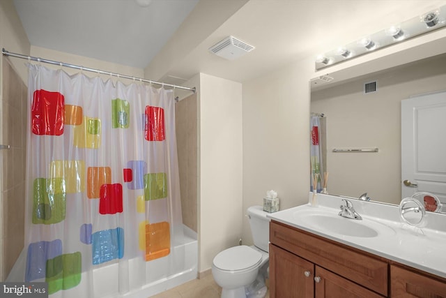 full bathroom with shower / bath combination with curtain, vanity, toilet, and tile patterned flooring