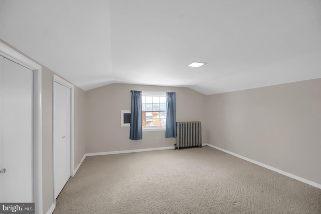 additional living space featuring radiator heating unit, carpet, and vaulted ceiling