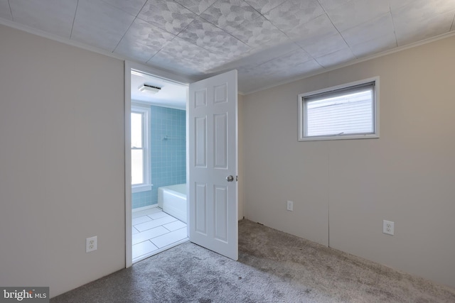 unfurnished room featuring ornamental molding and carpet