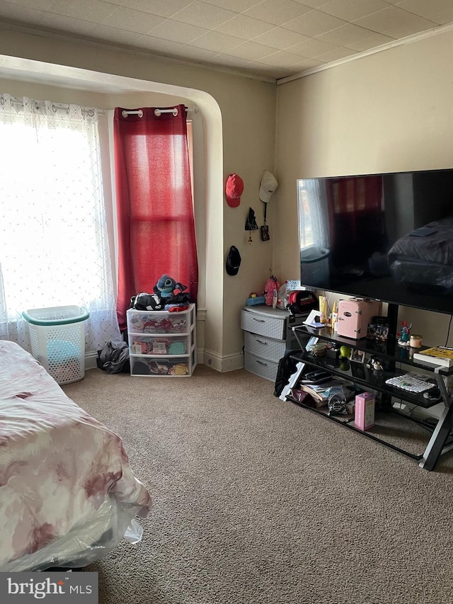 bedroom with ornamental molding and carpet floors